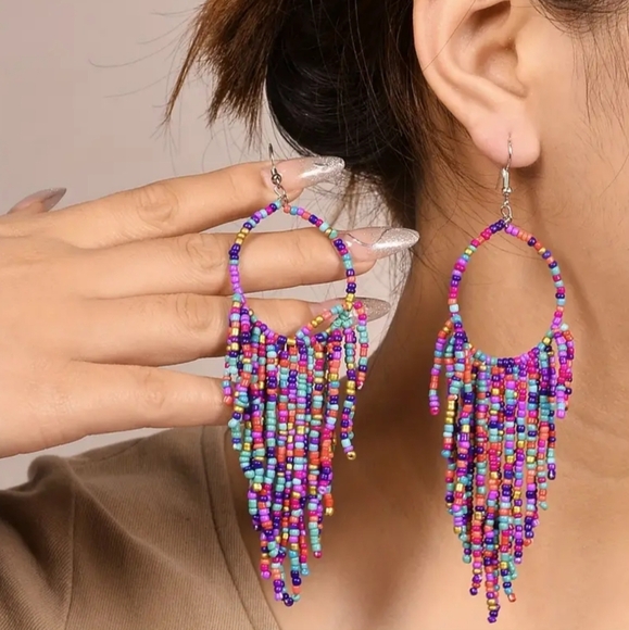 2/$40 NEW Western Hippie Barbiecore Colorful Beaded Hoop Earrings-(#0108) - Picture 1 of 4